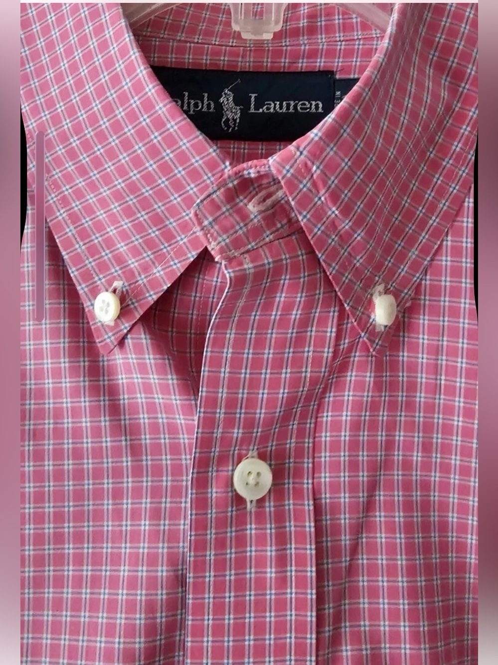 Ralph Lauren Preppy Pink Check Button Down Shirt Mens Sz 16 40-41 Blue Polo Pony